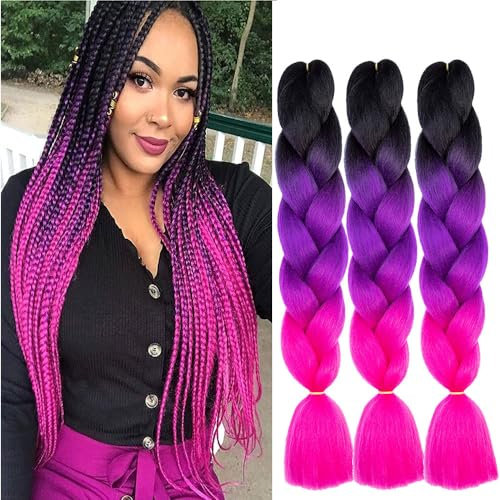 Extension Per Treccine Africane 3 Pezzi Capelli Sintetici per Treccine Africane Extension Capelli Colorati Jumbo Braiding Hair Da nero a viola a rosa