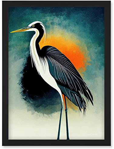 Wee Blue Coo Heron Monochrome Bird Portrait Orange Sunrise Illustration Acrylic Paint Artwork Framed Wall Art Print A4