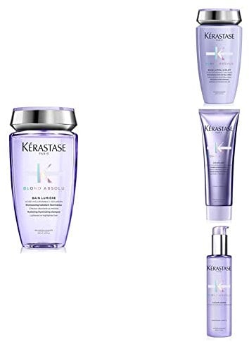 Kérastase Blond Absolu, Hydrating Illuminating Shampoo + Anti-Brass Purple Shampoo + Repairing, Nourishing Conditioner + Fortifying Heat Protecting Serum