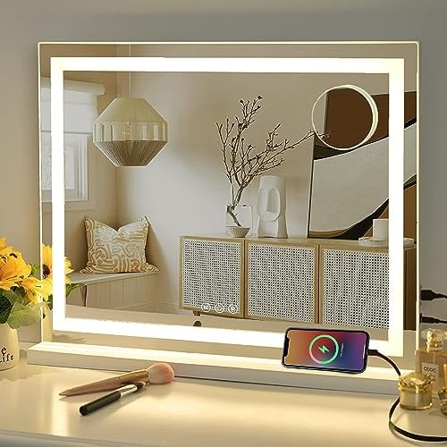 Sucedey Kosmetikspiegel mit Lichtern, Make-up-Spiegel mit Lichtern, 3 Farbmodi, beleuchteter Hollywood-Spiegel, Touch-Steuerung, USB-Ladeanschluss, Metallrahmen, weiß