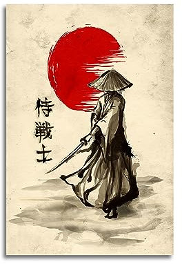 GENGSHENG Japanische Samurai-Poster, Wandkunst, Samurai-Charakter, roter Mond, Leinwand, Gemälde, Heimdekoration für Wohnzimmer, Schlafzimmer, ungerahmt, 40,6 x 61 cm
