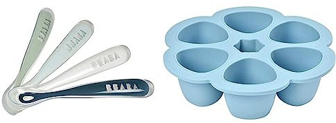 BÉABA - Lot de 4 Cuillères en Silicone Bébé/Enfant 1er Âge - Dès 4 mois, Souple & Multiportions Silicone de qualité premium, Résistance thermique extrême, Four et micro-onde, 6x90 ml, Bleu