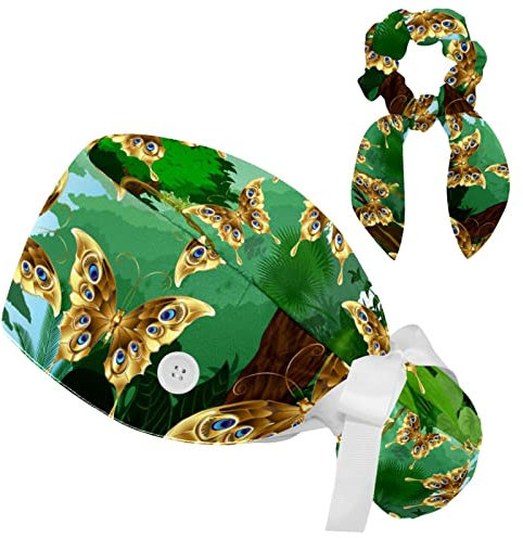 FVQL 2 unidades de gorro de limpieza para cabello largo, con cinta para el pelo, gorro de enfermera, árbol de la selva tropical y mariposas, Colorful 3456, Talla única
