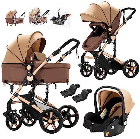 Prokoke Kinderwagen 3 in 1, Kinderwagen Set Einem Klick Faltbar, Kombikinderwagen 3 in 1 mit Umkehrbarem Zwei-Wege-Schub, Buggy Rahmen Aluminiumlegierung Baby Kleinkind Neugeborene (khaki 588)