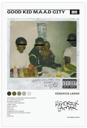 Kendrick Lamar Leinwand-Poster, Good Kid Maad City Album Cover, Moderne Rapper Wandkunst für Wohnzimmer Schlafzimmer Schlafsaal Dekoration Ungerahmt 40x60cm