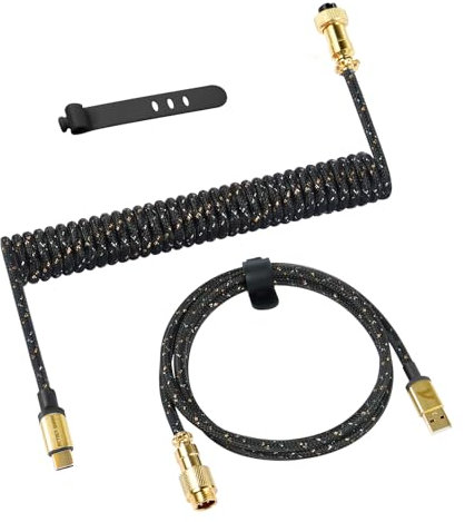 ATTACK SHARK C03 USB C Cable Espiral para Teclado Gaming, Tipo C a USB A Trenzado Cable Aviador para Mecánico Teclado, Cable con Conector de Metal Desmontable Chapado en Oro, Negro