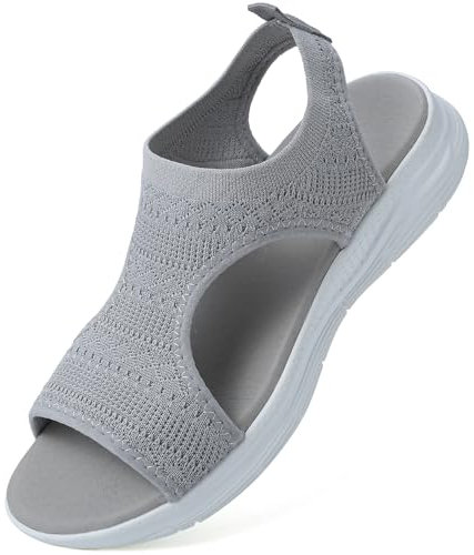 VTASQ Sommer waschbare Slingback orthopädische Rutsche Sport Sandalen Damen Bequeme orthopädische Sandalen für atmungsaktive Sport Strick Sandalen, Mesh Weiche Sohle Casual Damenschuhe Grau 40EU