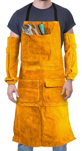 lesolar Leathe Welding Work Apron with Sleeves, Carpenters Aprons for Men with 5 Tool Pockets,Adjustable Size Workshop Apron for Welders and Blacksmiths,Fireproof Heat Protection Apron 90cm(Yellow-B)