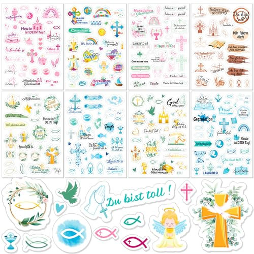 HOWAF 8 Bögen Aufkleber Kommunion, Gästebuch Kommunion Aufkleber Konfirmation Aufkleber Taufe Aufkleber Taube Kreuz Fisch Sticker Aufkleber für Taufe Konfirmation Kommunion Deko, Kommunion Geschenk, A