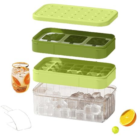 Ice Cube Tray with Lid and Ice Bucket Kits, Silicone Ice Cube Maker Ice Cube Trays for Freezer,Release All in One Second, 2 Tiers Ice Cube Moulds with Storage Ice Bin, Scoop
