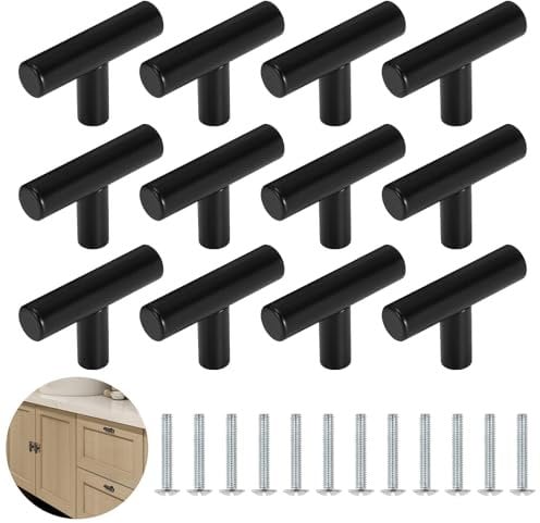 YSDMY Kitchen Door Handles 12 Pcs Kitchen Cupboard Handles 46mm T Bar Handle Drawer Pulls Single Hole Drawer Knobs for Cupboard Wardrobe Furniture Hardware, Black Cupboard Knobs