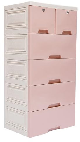 CLEADONG Armoire à tiroirs en plastique avec 6 tiroirs et 4 roulettes - Rose - Meuble de rangement à roulettes avec tiroirs
