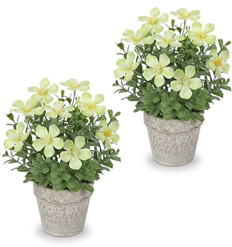Arborus 25CM Artificial Flowers in Rustic Pot 2pcs Small Fake Plants Indoor in Pots Yellow Decorative Artificial Oxalis Flowers for Farmhouse Windowsill Home Table Centerpiece Decoration