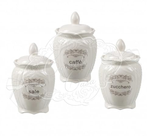 Coccole di Casa Tris barattoli da cucina in ceramica bianca con coperchio ermetico Rose, Sale, Zucchero e Caffè, Shabby Chic, vintage D11xH17,2 cm