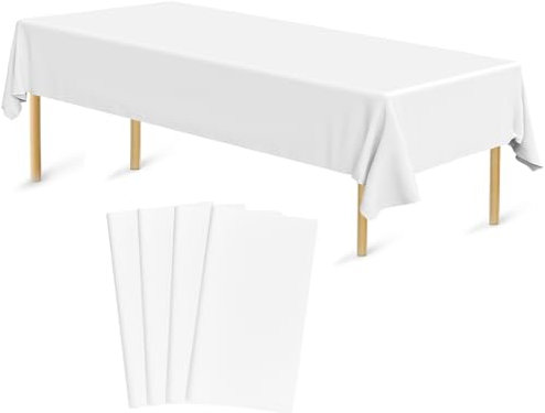 Bouiexye 4 Stück Einweg Tischdecken 137 x 274 cm Tischdecke aus Kunststoff Weiß Rechteckige Tischabdeckung Gartentischdecke für Gastronomie Party Hochzeiten Grillen Picknick