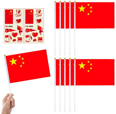 10 kleine China-Flaggen auf Stäben und 2 temporäre Tattoos für Spiele 2025 Party, Mini-chinesische Flaggen auf Stäbchen, Handflaggen für Sportveranstaltungen, Feiern, Party-Dekorationen
