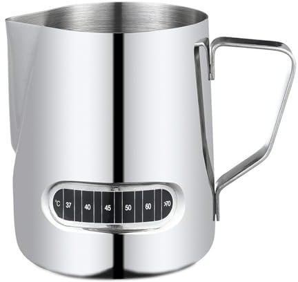 Ragyzity Milk Frothing Jug, 350ml /12oz Milk Jug for Coffee Machine, Milk Frother Cup Stainless Steel Jug Steaming Pitcher with Thermometer, Milk Coffee Cappuccino Latte Art Barista Steam Pitchers