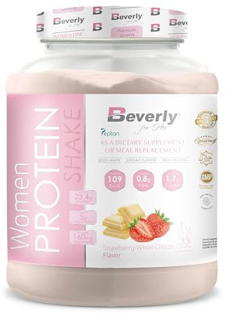 Beverly Women Protein - Protéine de lactosérum spéciale pour femmes avec collagène marin, magnésium et vitamine E - 1 Kg - 24 g de protéines par portion - 33 portions - (1 KG, CHOCOLAT BLANC FRAISE)