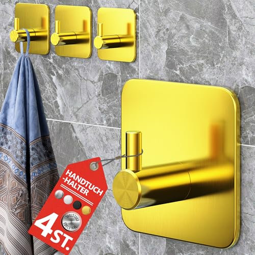 4smile Handtuchhalter ohne Bohren, 4er-Set in Gold - Edelstahl Badezimmer Handtuchhalter, Klebehaken mit guter Tragkraft - Haken selbstklebend, wasserfeste Haken als Handtuchhaken für Bad, Küche