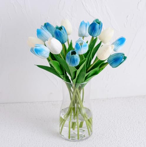 Blue Tulips Artificial Flowers with Vase, 15 Pcs Faux Tulip Stems in Vase, Real Feel PU Flowers Arrangement Suitable for Kitchen Living Office Spring Decor, Centerpiece Table Decorations
