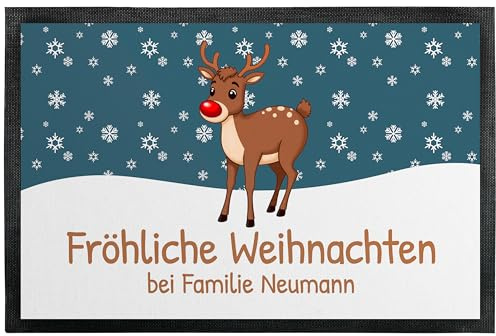 Fußmatte „Fröhliche Weihnachten“ mit Rentier-Motiv - für Innen & Außen – rutschfest, dünn & saugfähig - Türmatte - Eingangsbereich Deko - Geschenk für die Adventszeit oder zu Weihnachten, 60 x 40 cm