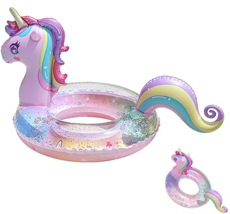 Falafoty Anneaux de Natation Licorne, Bouée Gonflable de Tube en PVC, Cercle de Natation avec Paillettes Brillantes, Jouet de Piscine Gonflable pour Enfants Eté Fête de Piscine Plage Partie Jeux