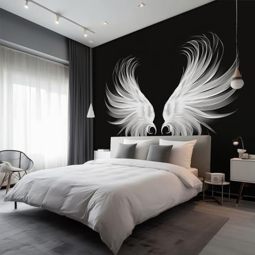 Angel Wings Wallpaper Mural, Black and White Feather Wall Mural, Non-Woven Print Photo Wallpaper for Bedroom Living Room Decor 100x70 cm