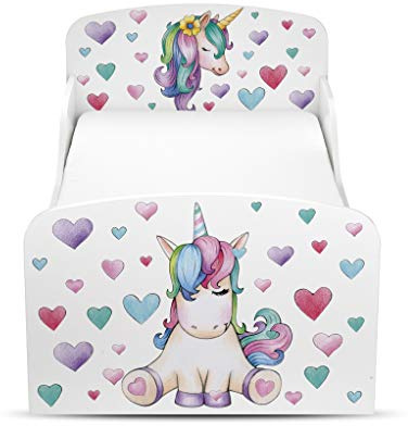 Leomark Kinderbett 160x80 Weiß – Funktionsbett Komplett mit Matratze und Lattenrost – Holz Jugendbett Einzelbett Hausbett für Kinder Kleinkinder UV-Druck (Einhorn)