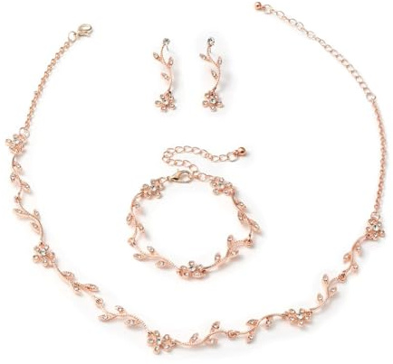 CHarmeFleur Collana di Cristallo Orecchini Bracciale Gioielli da Sposa Set Gioielli da Matrimonio Con Strass e Collana Choker Per Spose(Oro Rosa)