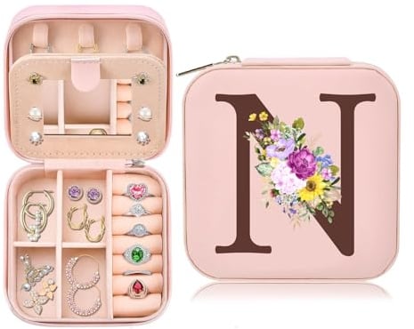 Toozen Initiale Schmuckkästchen Mädchen Damen, Personalisierte Geschenk für Frauen, Kleine Reise Schmuckkästchen mit Spiegel, Geschenk für Geburtstag Muttertag Hochzeit(Rosa, N)