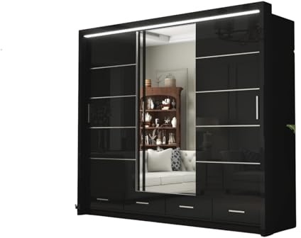 DELUXEWARE Modern 2 & 3 High Gloss Sliding Door Wardrobe with Mirror & Led Light – MDF Bedroom Wardrobe with Drawers, Hanging Rail, & Shelves for Bedroom Furniture (Black, 255cm)
