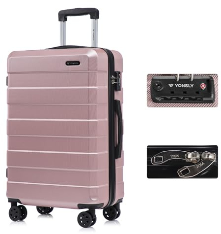 YONSLY Premium Reisekoffer TSA-Schloss,YKK-Reißverschluss Hartschalen-Koffer Trolley Rollkoffer Suitcase Handgepäck 4 Rollen (Roségold, L)