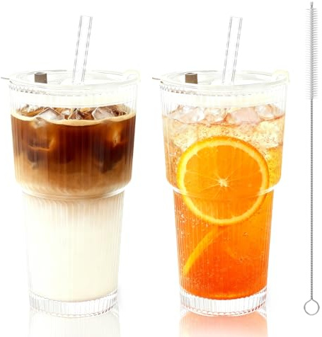 FSAIYIJ 600ml Glass Tumblers with Lids and Straws 2 Pack, Drinking Water Glasses for Iced Coffee, Smoothies, Juice, Beer, Cold Drinks