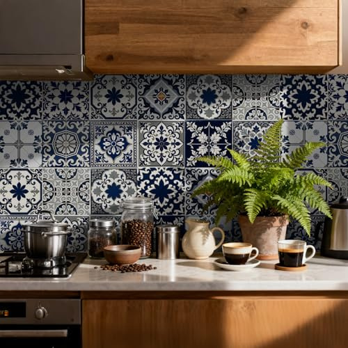 Tile Stickers for Kitchen 24 pcs Stick on Tiles Kitchen Bathroom Self Adhesive Peel and Stick Wall Waterproof Oil-Proof (15cm x 15cm, 6x6 inches) for Floor Stairs Furniture(Blue White)