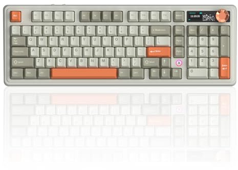 AJAZZ AK980 V2 Wireless Mechanical Keyboard, 98% QWERTY Layout Hot-Swap Gaming Keyboard with Volume Control Knob and TFT Display, 10000mAh Battery, 2.4GHz/Type-C/BT, RGB Lighting, Gray Beige Orange