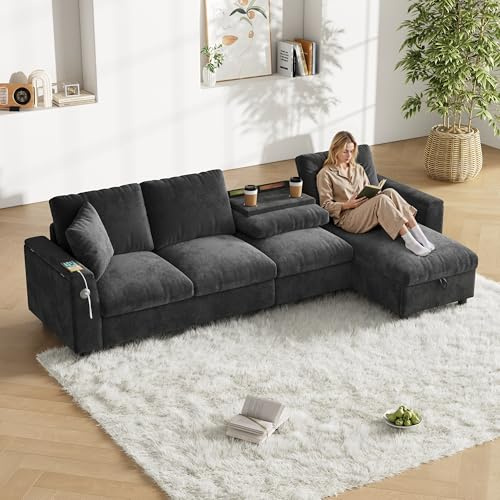 dowowdo Schlafsofa L-Form Ecksofa - Chenille Stoff Ausziehbares Sofabett, Stauraum & Ausklappbarer Couchtisch, USB-C Ladeanschluss, Grau, Rechts/Links Einstellbar