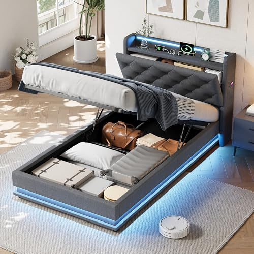 Miyemo Single Bed Frame with Storage, Ottoman Upholstered Bed Frame with Headboard Storage & Hydraulic, 3ft Linen Single Bed Frame with LED-Lighting & Charging-Station, 90x190cm, Grey, (No Mattress)