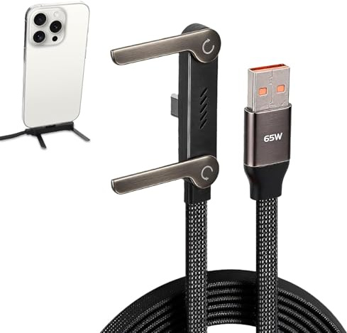 XAVURO USB-A till typ-C 65 W laddningskabel med osynligt stativ, platt och flätad snabbladdningssladd 1,5 m, telefontillbehör kompatibelt med surfplattor och bärbara datorer, svart