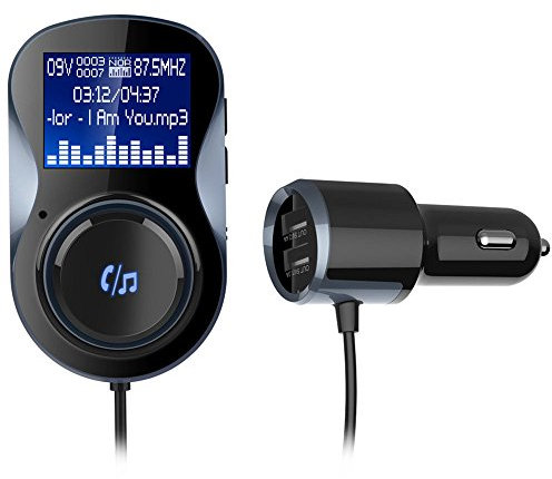 ParaCity Bluetooth FM Transmitter with One Key Control,Wireless In-Car Radio Transmitter Adapter Car Kit with Hand-Free Calling,QC3.0 and Dual USB Ports,1.4 inch Display, Support TF Card MP3 Player
