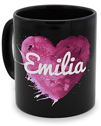 printplanet - Tasse Schwarz mit Namen Emilia - Motiv: Painted Heart - Namenstasse, Kaffeebecher, Mug, Becher, Kaffeetasse