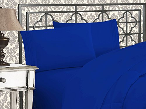 Elegant Comfort Luxuriöses 1500 Premium-Bettwäsche-Set aus Mikrofaser in Hotelqualität, dreireihig, Bestickt, weichstes 4-teiliges Bettlaken-Set, Knitter- und lichtbeständig, Queen, Königsblau
