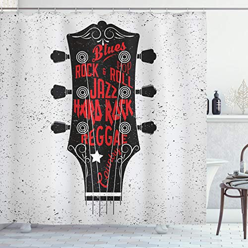 ABAKUHAUS Gitarre Duschvorhang, Blues Pop Hard Rock, Stoffliches Gewebe Badezimmerdekorationsset mit Haken, 175 x 200 cm, Vermilion Schwarz Weiß