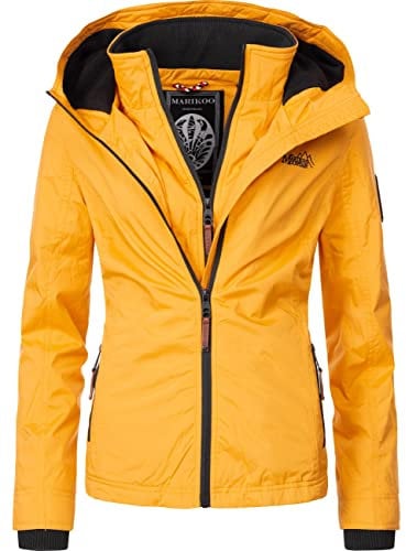 MARIKOO leicht gefütterte Damen Übergangsjacke Kurze Sommerjacke mit kuscheligem Fleece-Innenfutter und großer Kapuze Erdbeere Gelb Gr. L