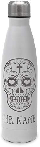 printplanet - Isolierte Trinkflasche mit Text oder Namen graviert - Edelstahl Thermo-Flasche mit Gravur, 500ml - Weiß - Motiv: Totenkopf