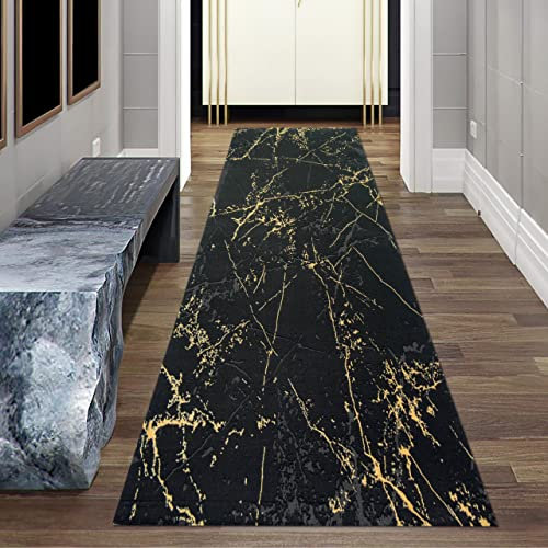 Teppich-Traum moderner Wohnzimmerteppich | Langer LÄUFER | abstraktes Muster in schwarz Gold, Größe 80 x 300 cm