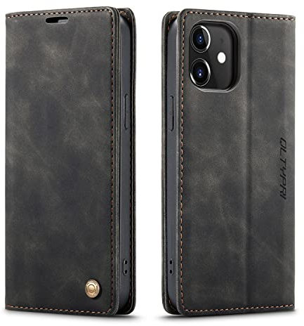 QLTYPRI Compatible with iPhone 12 Mini, Vintage PU Leather Wallet Case Card Slot Kickstand Magnetic Closure Shockproof Flip Folio Book Case Compatible with iPhone 12 Mini - Black