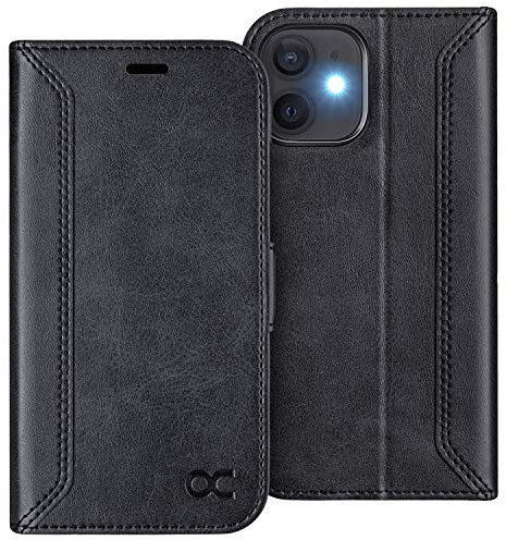 OCASE Retro Hülle iPhone 12/Pro Flip Case Leder TPU Kunstleder Schwarz RFID-Schutz Ständer Kartenschlitz Magnetverschluss