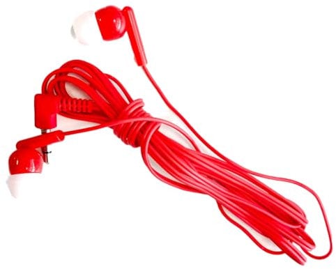 MULTIMEDIA & ENGINEERING M&E - Confezione da 100 auricolari usa e getta, connessione jack 3,5 mm, presentazione in sacchetti singoli EcoFriendly per la massima igiene, colore rosso