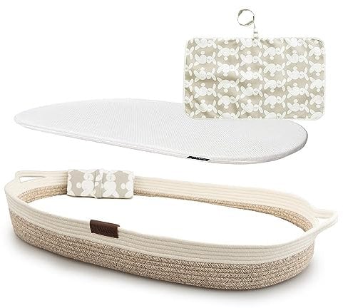Yunioo Wickelkorb Baby mit Reise Wickelauflage, Weiche, tragbare, wasserabweisende Hülle Babykorb - Geschenke für Baby - Weiß-Beige