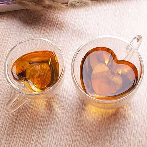 Plcnn Lot de 2 tasses à café à double paroi en forme de cœur de 180ml et 240ml - Tasses à thé transparentes isolées avec poignée - Pour café, cappuccino, latte, lait